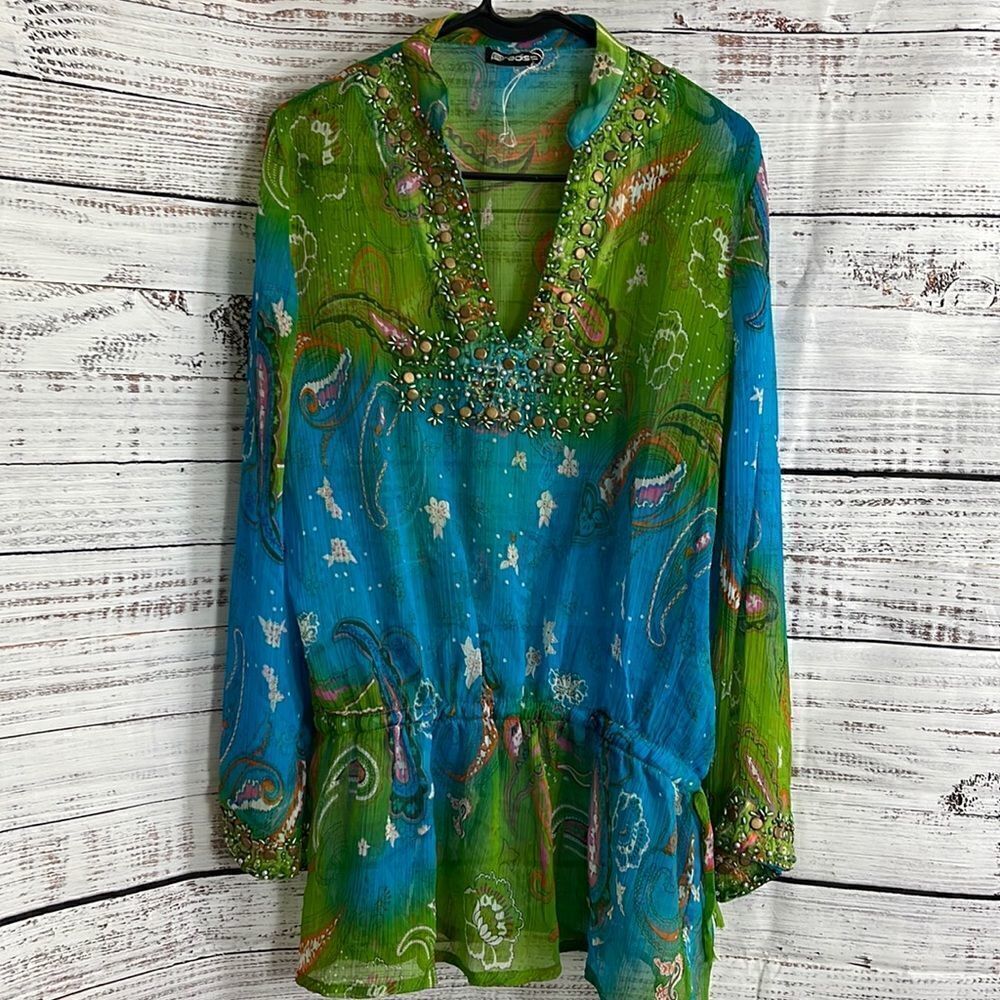 Paradise Tunic Womens large chiffon paisley long sleeve sheer beaded Viscose